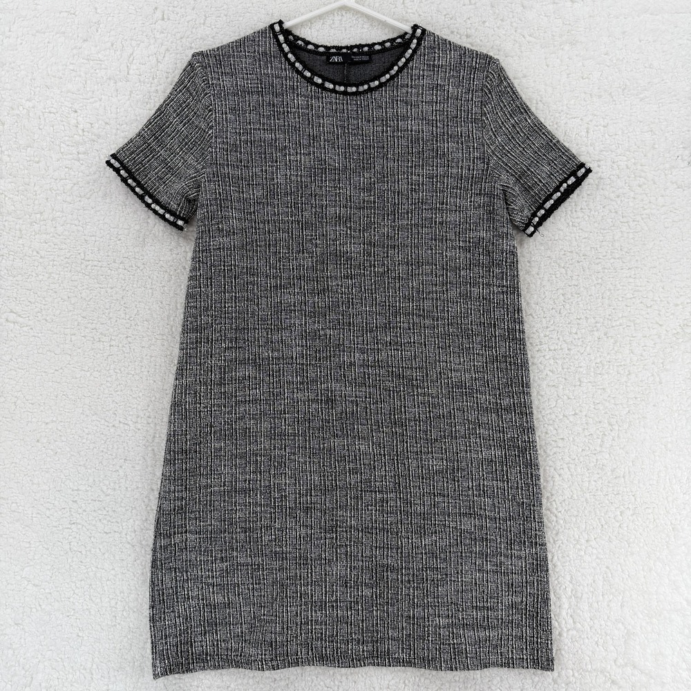 Zara Dress Womens‎ Medium Gray Tweed Pearl Trim Shift Short Sleeve Mini Workwear